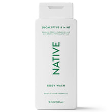 Native eucalyptus & mint body wash bottle, white with green 'Native' and 'Body Wash' text