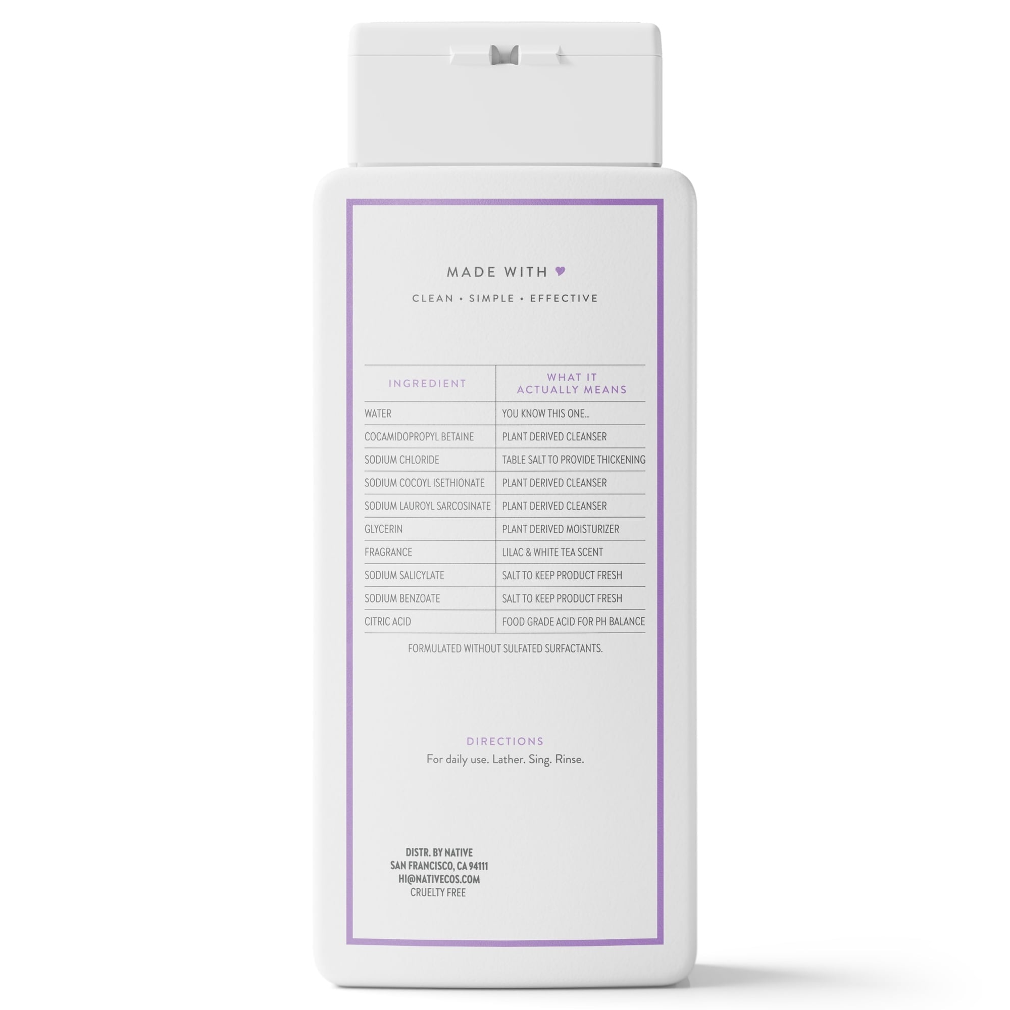 Native Body Wash, Lilac & White Tea, Sulfate Free, for Women & Men, 18 fl oz