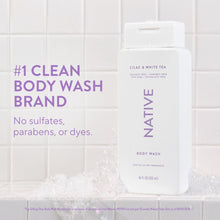 Native body wash bottle, Lilac & White Tea, white plastic with purple label