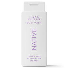 Native body wash bottle, Lilac & White Tea, sulfate free, white with purple accents