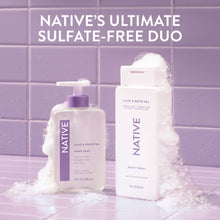 Two Native body wash bottles, Lilac & White Tea, sulfate free, with foam