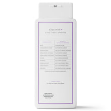 Body wash bottle with back label showing ingredients and directions, white with purple border.