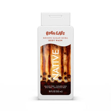 Body wash bottle with Brown Sugar Boba label, Native branding, and 18 fl oz