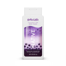 Coconut Ube body wash bottle with purple label, white cap, and droplet graphics