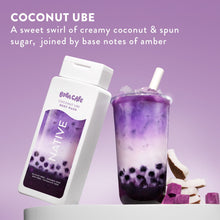 Coconut ube body wash with purple boba-style drink cup and ingredients