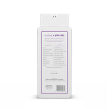 Body wash bottle back label facing outward with ingredient and directions text