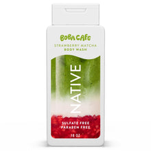 Body wash bottle, BoBa Cafe Strawberry Matcha; sulfate-free and paraben-free on front