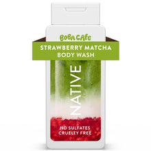 Body wash bottle with white cap; BoBa Cafe Strawberry Matcha label in green and red
