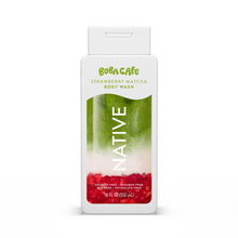 Body wash bottle with white cap; BoBa Cafe Strawberry Matcha label in green and red