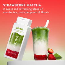Body wash bottle and strawberry matcha boba-style drink with layered green tea and fruit