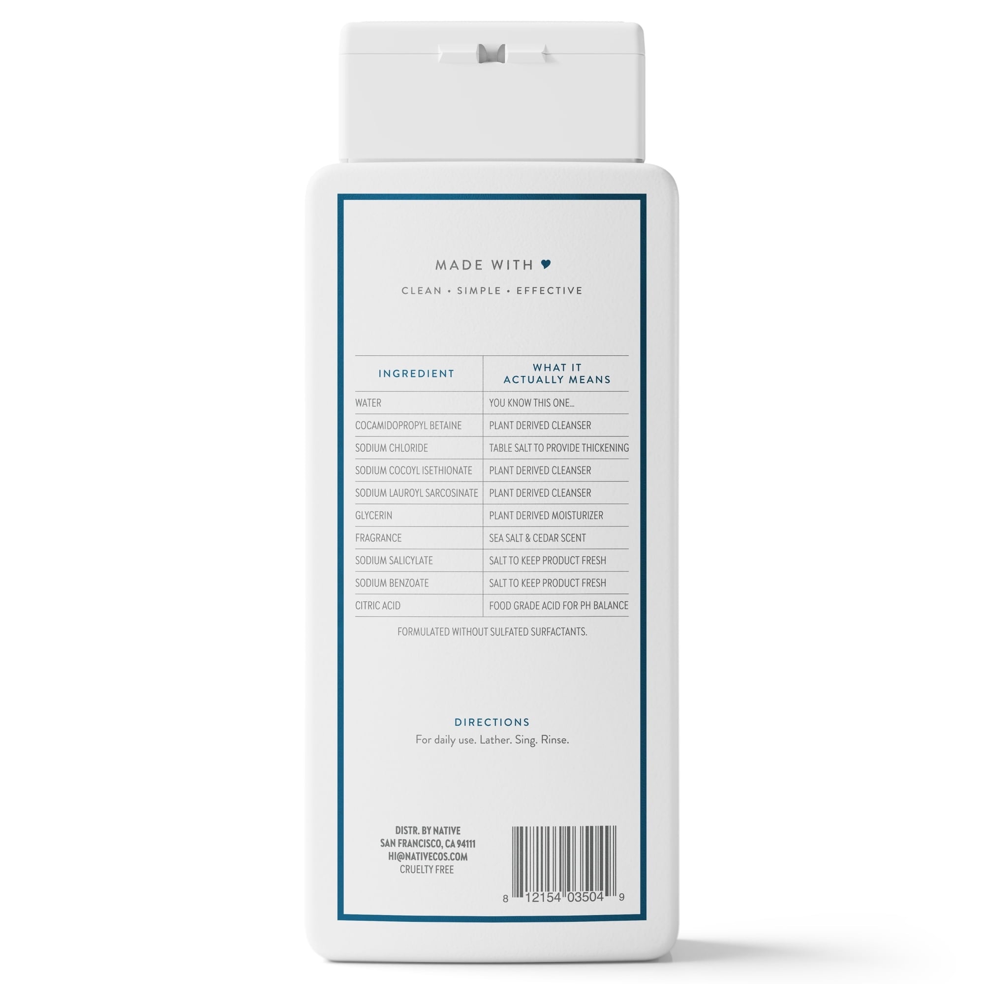 Native Body Wash, Sea Salt & Cedar, Sulfate Free, for Women & Men, 18 fl oz