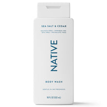 Body wash bottle, white with Sea Salt & Cedar label on front