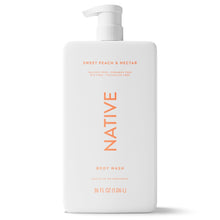 Body wash bottle with pump, sweet peach & nectar label, front view