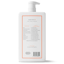 Body wash bottle with pump, back panel with ingredient list and barcode