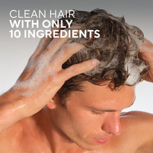 Shampoo cleansing scene: man lathering hair with foam near pump bottle