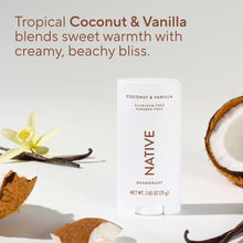 Aluminum-free deodorant stick with Coconut & Vanilla label and vanilla and coconut accents