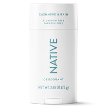 Native deodorant stick front view, white container with teal Cashmere & Rain and “Aluminum Free”