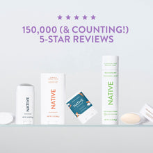 Native deodorant lineup with 5-star reviews text above multiple white tubes.