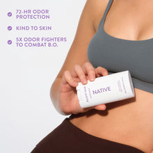 Native deodorant stick held near torso with 72-hour odor protection icons.