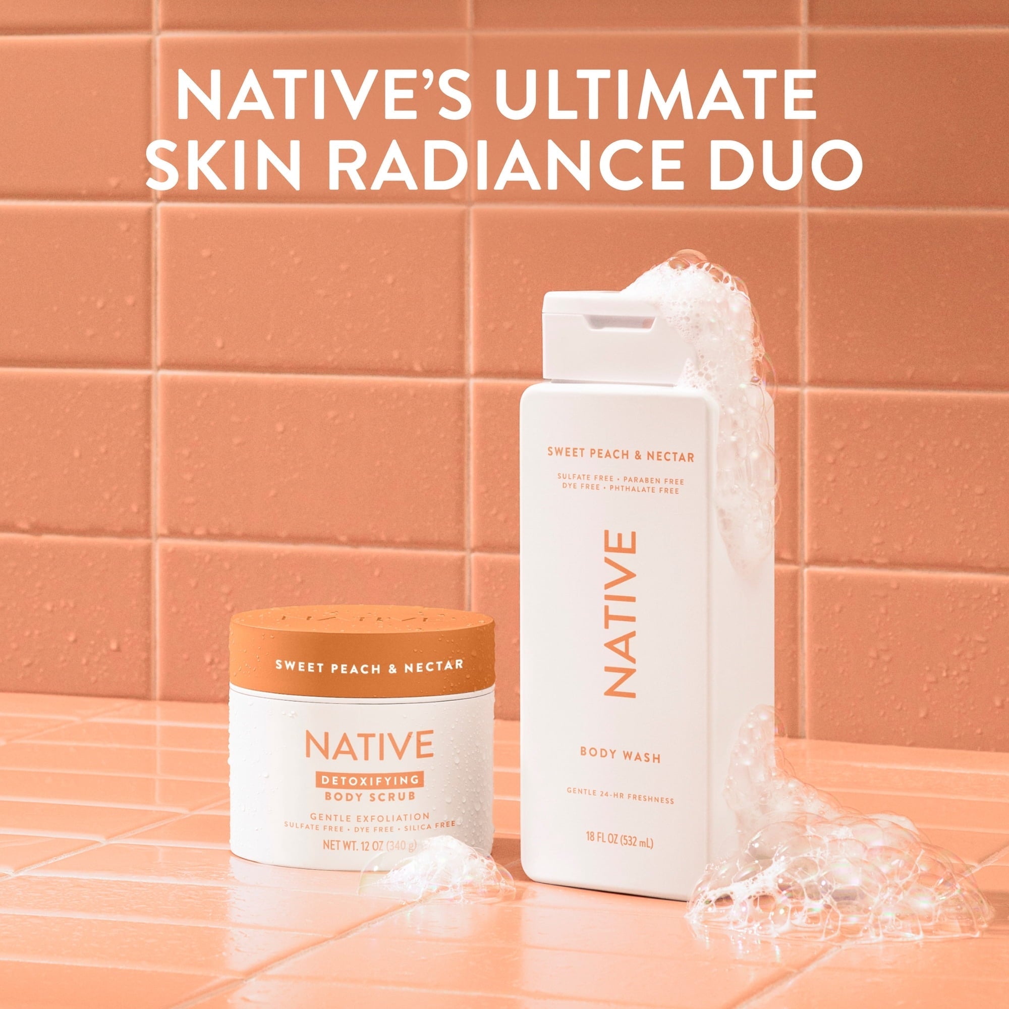 Native Detoxifying Body Scrub, Sweet Peach & Nectar, Gentle Exfoliation for Sensitive Skin, Plant Based Ingredients, for Women, 12 oz (2 PACK )