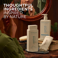 Native conditioner bottle with pump, sandalwood & coconut label on shelf