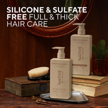 Native sandalwood & coconut full-thick shampoo bottle with pump beside hair brush and books