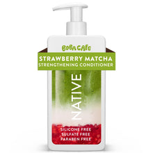 Strawberry matcha strengthening conditioner bottle with white pump, green bottle and red base