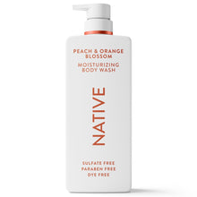 Moisturizing body wash bottle with orange pump, white label for Peach & Orange Blossom.