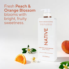 Body wash bottle with peach and orange blossom accents, orange pump and white label.