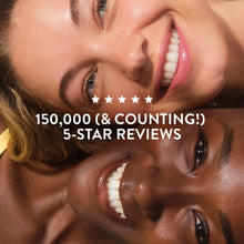 Smiling faces with 5-star review stars and text overlay on a close-up.
