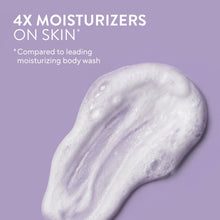 Thick white body wash gel swatch on skin, glossy moisturizing texture.