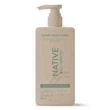 Native moisturizing men's shampoo bottle with pump, Sunset Cedar & Suede, front view, beige