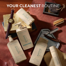 Native moisturizing men's shampoo bottle with pump, Sunset Cedar & Suede, beige