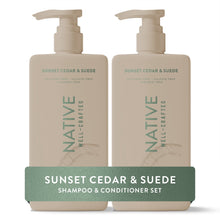Native Sunset Cedar & Suede shampoo and conditioner set, two pump bottles front