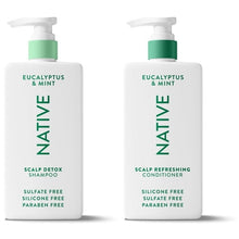 Eucalyptus & mint scalp care duo: detox shampoo + conditioner, white bottles, green pumps