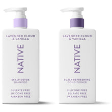 Native Lavender Cloud & Vanilla scalp detox shampoo and refreshing conditioner bottles with pumps