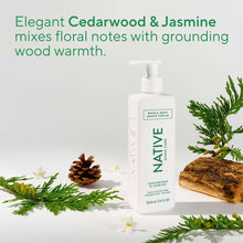Native cedarwood and jasmine shave cream bottle with pump and plant accents