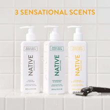 Three Native shave cream bottles with pumps, assorted scent labels
