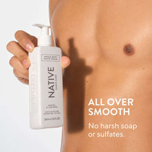 Hand holding shave cream bottle with pump, “Native” label on front