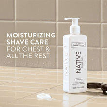 Shave cream bottle with pump for whole body, “Native” label on front