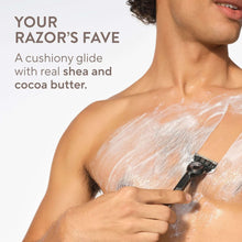 Shave cream being applied to skin with razor and “Native” bottle