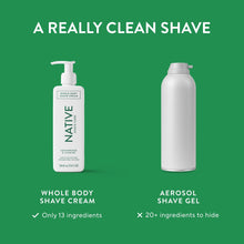 Native whole body shave cream bottle with pump beside aerosol shaving gel