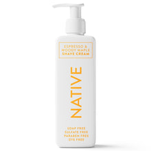 Shave cream bottle with pump, Native Espresso & Woody Maple front label