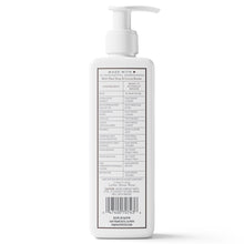 White shave cream bottle with pump, ingredient panel on back label