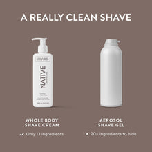 Shave cream bottle with pump beside aerosol shaving gel for comparison