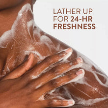 Body wash lather on hands and fingers, foamy cleanser texture