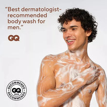Body wash lather on man’s chest and neck, creamy suds