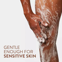 Foamy body wash on arms and hands, suds after cleansing