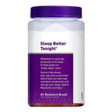 Melatonin gummies bottle with purple back label reading 'Sleep Better Tonight'