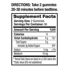 Supplement Facts label: 10 mg melatonin per 2 gummies, serving size 2